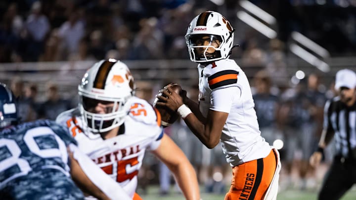 Central York quarterback Brooklyn Nace looks to throw during a non-conference football game against Manheim Township on Thursday, August 29, 2024, in Neffsville, Lancaster County.