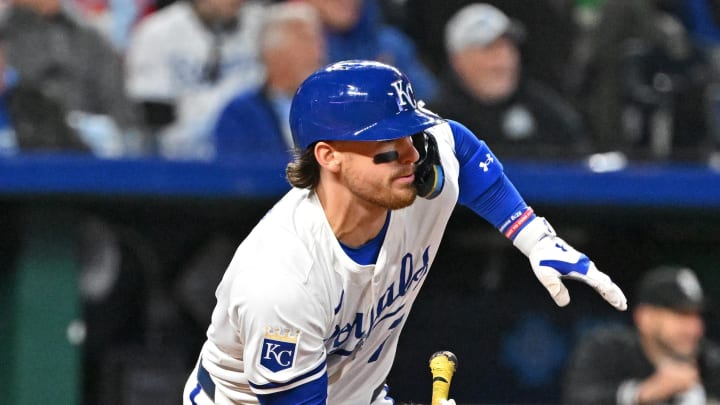 Apr 4, 2024; Kansas City, Missouri, USA;  Kansas City Royals shortstop Bobby Witt Jr. (7) in the