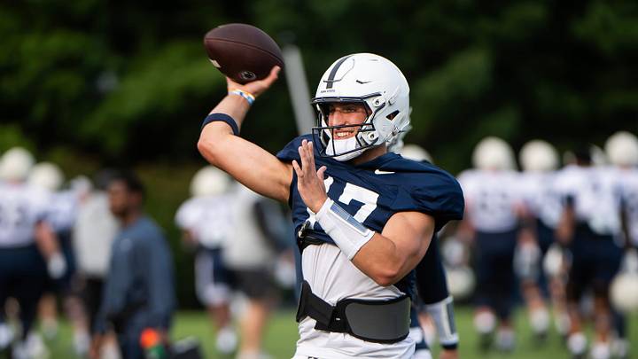 Penn State quarterback Ethan Grunkemeyer throws during practice outside Holuba Hall on Saturday, August 2, 2025, in State College.