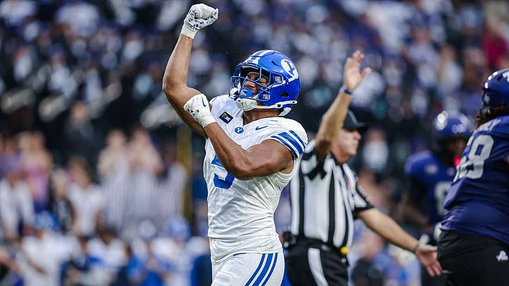 BYU defensive end Nusi Taumoepeau celebrates a sack against TCU