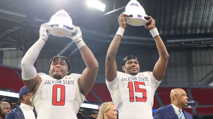 Jackson State Tigers DL Jeremiah Williams (Defensive MVP) and QB Jacobian Morgan (Offensive MVP) - Celebration Bowl; Dec. 14, 2024; Mercedes-Benz Stadium, Atlanta, GA