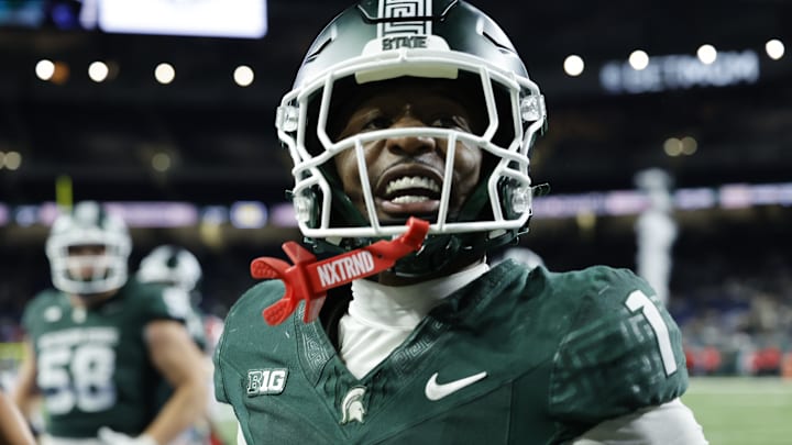 Michigan State Spartans wide receiver Omari Kelly celebrates a touchdown against the Maryland Terrapins at Ford Field on Saturday, Nov. 29, 2025. It was Kelly's final collegiate game.