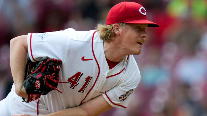 Cincinnati Reds pitcher Andrew Abbott (41) throws a pitch in the first inning of the MLB National League game between the Cincinnati Reds and the Pittsburgh Pirates at Great American Ball Park in downtown Cincinnati on Wednesday, April 1, 2026.