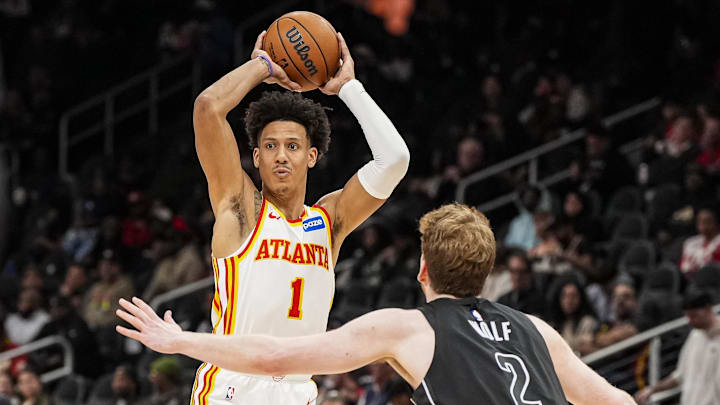 Mar 12, 2026; Atlanta, Georgia, USA; Atlanta Hawks forward Jalen Johnson (1) looks for a pass against Brooklyn Nets forward Danny Wolf (2) during the second half at State Farm Arena. Mandatory Credit: Dale Zanine-Imagn Images