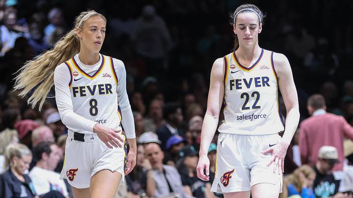 Jun 6, 2026; Brooklyn, New York, USA;  Indiana Fever guards Sophie Cunningham (8) and Caitlin Clark (22) at Barclays Center. Mandatory Credit: Wendell Cruz-Imagn Images