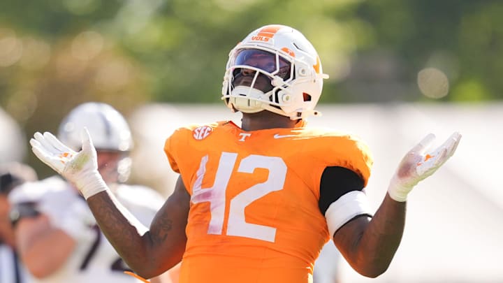 Tennessee defensive lineman Tyre West (42) during a college football game between Tennessee and Mississippi State at Davis Wade Stadium in Starkville, Miss., on Sept. 27, 2025.