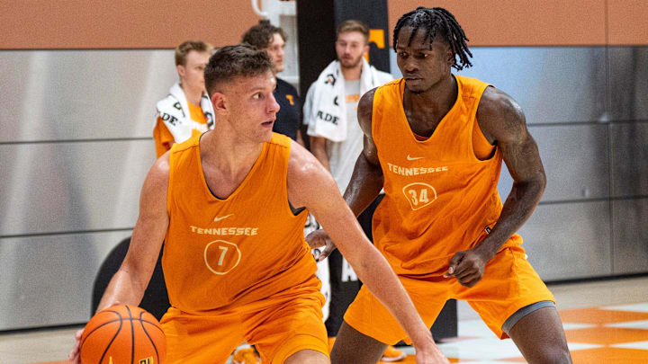 Tennessee forward Igor Milicic Jr. (7) and Tennessee forward Felix Okpara (34) during a UT preseason basketball practice at Pratt Pavilion on Tuesday, Sept. 24, 2024.