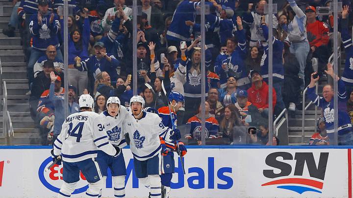 Oct 24, 2026; Edmonton, Alberta, CAN;  The Toronto Maple Leafs celebrate a goal scored by forward Jack Roslovic (96) against the Edmonton Oilers at Rogers Place.  Mandatory Credit: Perry Nelson-Imagn Images