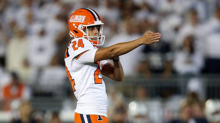 Sep 28, 2024; University Park, Pennsylvania, USA; Illinois Fighting Illini kicker David Olano (24) lines up a field goal kick during the second quarter against the Penn State Nittany Lions at Beaver Stadium. Mandatory Credit: Matthew O'Haren-Imagn Images