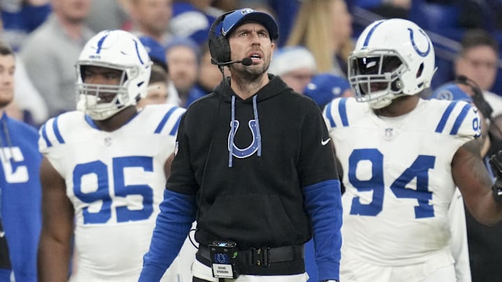 Dec 22, 2024; Indianapolis, Indiana, USA; Indianapolis Colts head coach Shane Steichen reacts to a penalty call during a game against the Tennessee Titans at Lucas Oil Stadium. Mandatory Credit: Christine Tannous/USA Today Network via Imagn Images Dec 22, 2024; Indianapolis, Indiana, USA; Indianapolis Colts head coach Shane Steichen reacts to a penalty call during a game against the Tennessee Titans at Lucas Oil Stadium. Mandatory Credit: Christine Tannous/USA Today Network via Imagn Images
