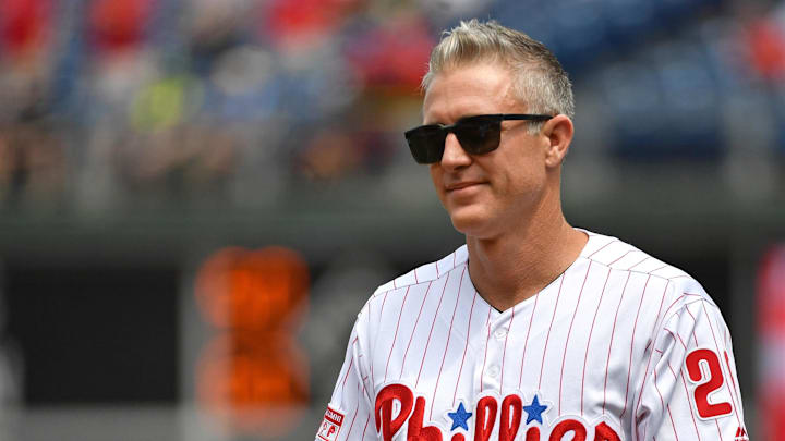 Aug 4, 2019; Philadelphia, PA, USA; Philadelphia Phillies former second baseman Chase Utley during pregame ceremony against the Chicago White Sox at Citizens Bank Park. 