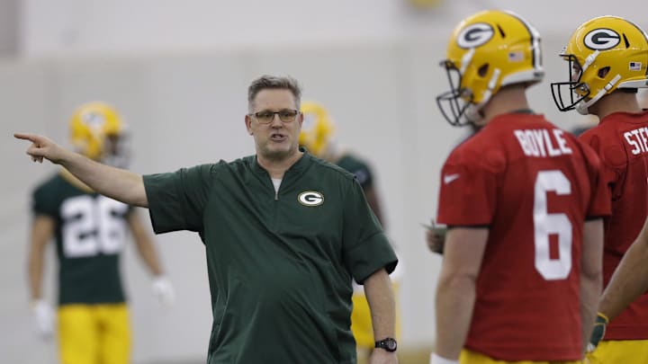 May 4, 2018; Green Bay, WI, USA; Green Bay Packers quarterbacks coach Frank Cignetti Jr (left) during Green Bay Packers rookie orientation. Mandatory Credit: Mark Hoffman/Milwaukee Journal Sentinel via USA TODAY NETWORK
