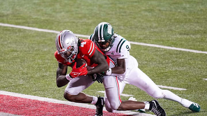 Ohio State Buckeyes wide receiver Jeremiah Smith (4) scores a touchdown against Ohio Bobcats cornerback Michael Mack II (9) in the second half at the Ohio Stadium on Saturday, Sept. 13, 2025 in Columbus, Ohio. Ohio State Buckeyes wide receiver Jeremiah Smith (4) scores a touchdown against Ohio Bobcats cornerback Michael Mack II (9) in the second half at the Ohio Stadium on Saturday, Sept. 13, 2025 in Columbus, Ohio.