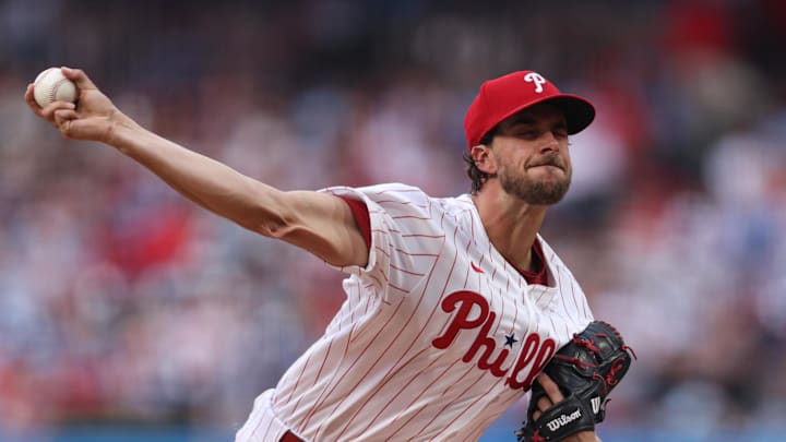 May 3, 2025; Philadelphia, Pennsylvania, USA; Philadelphia Phillies pitcher Aaron Nola (27) throws a pitch during the second inning against the Arizona Diamondbacks at Citizens Bank Park. 
