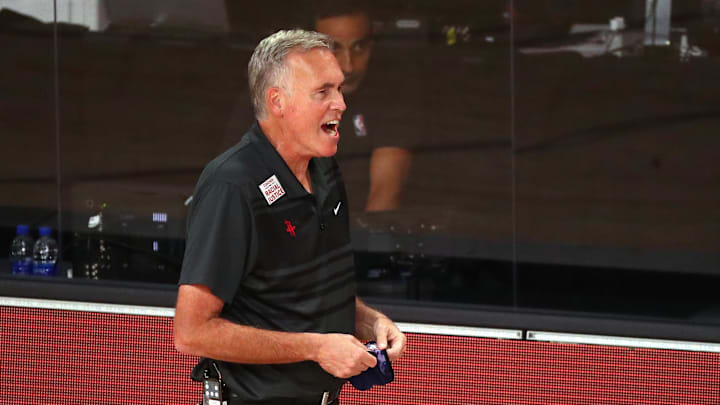 Sep 8, 2020; Lake Buena Vista, Florida, USA; Houston Rockets head coach Mike D'Antoni reacts during the first half of game three in the second round of the 2020 NBA Playoffs against the Los Angeles Lakers at AdventHealth Arena. Mandatory Credit: Kim Klement-Imagn Images Sep 8, 2020; Lake Buena Vista, Florida, USA; Houston Rockets head coach Mike D'Antoni reacts during the first half of game three in the second round of the 2020 NBA Playoffs against the Los Angeles Lakers at AdventHealth Arena. Mandatory Credit: Kim Klement-Imagn Images