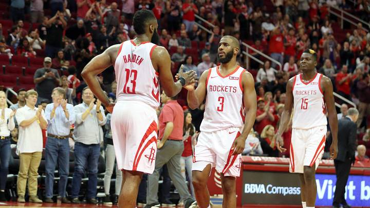 Mar 30, 2019; Houston, TX, USA; Houston Rockets guard Chris Paul (3) and center Clint Capela (15) congratulate guard James Harden (13) after he scored his 2000 career point basket against the Sacramento Kings in the second half at Toyota Center. Mandatory Credit: Thomas B. Shea-Imagn Images Mar 30, 2019; Houston, TX, USA; Houston Rockets guard Chris Paul (3) and center Clint Capela (15) congratulate guard James Harden (13) after he scored his 2000 career point basket against the Sacramento Kings in the second half at Toyota Center. Mandatory Credit: Thomas B. Shea-Imagn Images