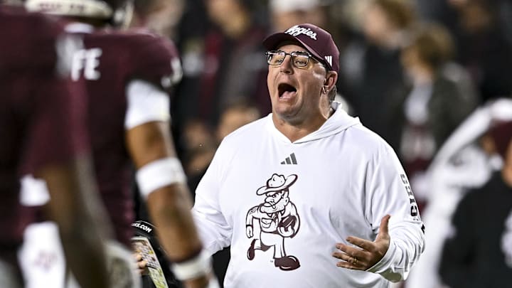 Nov 30, 2024; College Station, Texas, USA; Texas A&M Aggies head coach Mike Elko reacts during the second half against the Texas Longhorns. The Longhorns defeated the Aggies 17-7. at Kyle Field. Mandatory Credit: Maria Lysaker-Imagn Images 