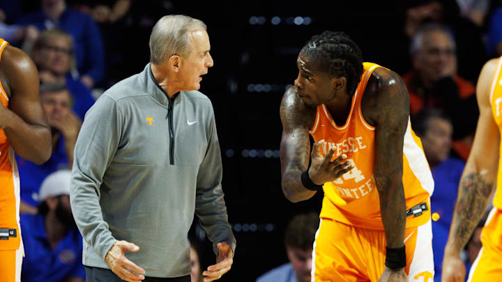 Jan 10, 2026; Gainesville, Florida, USA; Tennessee Volunteers head coach Rick Barnes talks with Tennessee Volunteers center Felix Okpara (34) against the Florida Gators during the second half at Exactech Arena at the Stephen C. O'Connell Center. Mandatory Credit: Matt Pendleton-Imagn Images