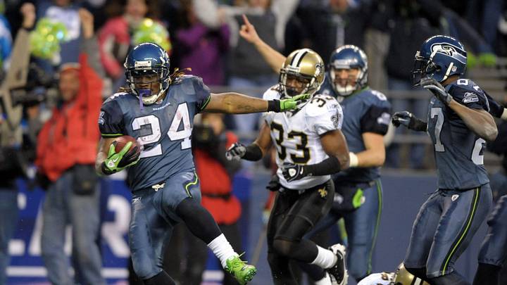 Seattle Seahawks running back Marshawn Lynch scores on a 67-yard touchdown run. Seattle Seahawks running back Marshawn Lynch scores on a 67-yard touchdown run.