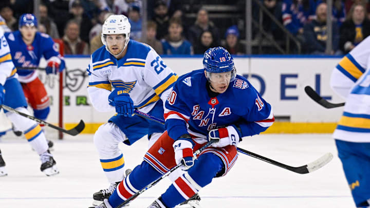 Nov 24, 2025; New York, New York, USA; New York Rangers left wing Artemi Panarin (10) skates with the puck defended by St. Louis Blues center Pius Suter (22) during the first period at Madison Square Garden. Mandatory Credit: Dennis Schneidler-Imagn Images Nov 24, 2025; New York, New York, USA; New York Rangers left wing Artemi Panarin (10) skates with the puck defended by St. Louis Blues center Pius Suter (22) during the first period at Madison Square Garden. Mandatory Credit: Dennis Schneidler-Imagn Images