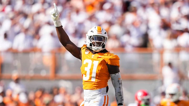 Tennessee defensive lineman Caleb Herring (31) celebrates after a tackle during a NCAA football game between Tennessee and Georgia at Neyland Stadium in Knoxville, Tennessee, on September 13, 2025.