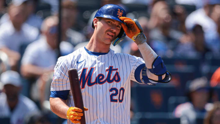 Aug 21, 2024; New York City, New York, USA; New York Mets first baseman Pete Alonso (20) at bat during the fourth inning against the Baltimore Orioles at Citi Field.