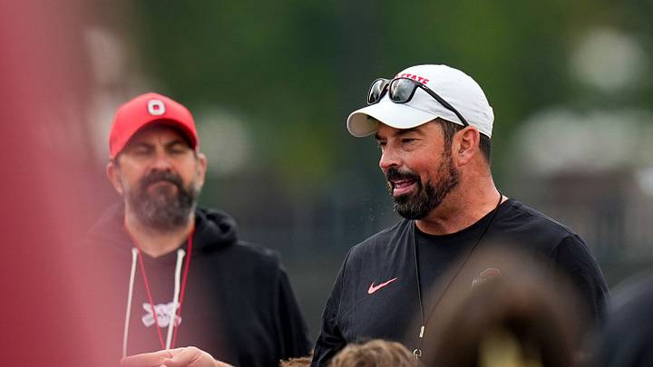 Ohio State Buckeyes head coach Ryan Day speaks to his players during the third day of training camp at the Woody Hayes Athletic Center on Aug. 8, 2026 in Columbus, Ohio. Ohio State Buckeyes head coach Ryan Day speaks to his players during the third day of training camp at the Woody Hayes Athletic Center on Aug. 8, 2026 in Columbus, Ohio.