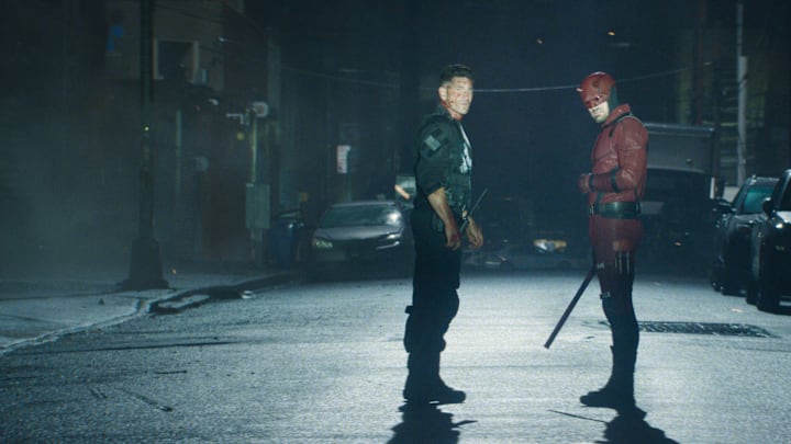 (L-R) Frank Castle/The Punisher (Jon Bernthal) and Matt Murdock/Daredevil (Charlie Cox) in Marvel Television's DAREDEVIL: BORN AGAIN, exclusively on Disney+. Photo courtesy of Marvel Television. © 2025 MARVEL.