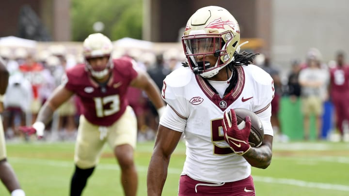 Apr 20, 2024; Tallahassee, Florida, USA; Florida State Seminoles running back Lawrance Toafili (9) runs the ball during the Spring Showcase at Doak S. Campbell Stadium. Mandatory Credit: Melina Myers-USA TODAY Sports