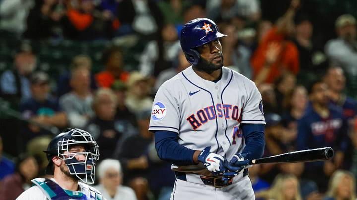 Sep 22, 2026; Seattle, Washington, USA; Houston Astros designated hitter Yordan Alvarez (44) hits a two-run home run against the Seattle Mariners during the eighth inning at T-Mobile Park. Mandatory Credit: Joe Nicholson-Imagn Images
