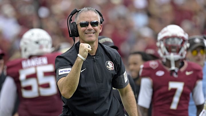 Sep 20, 2025; Tallahassee, Florida, USA; Florida State Seminoles head coach Mike Norvell reacts after a touchdown during the first half against the Kent State Golden Flashes at Doak S. Campbell Stadium. Mandatory Credit: Melina Myers-Imagn Images