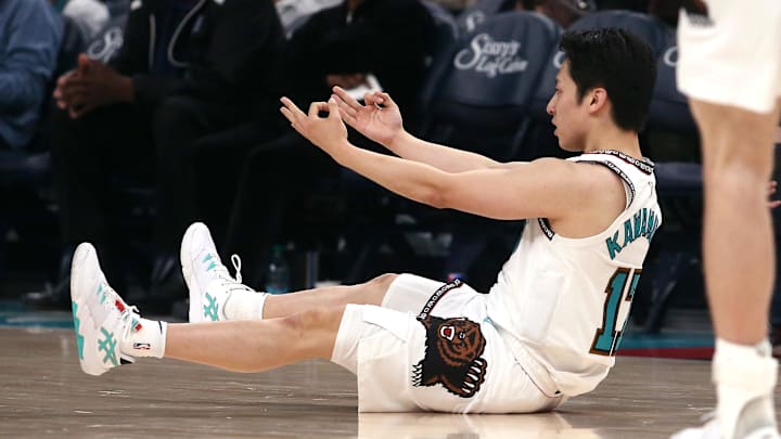 Apr 13, 2025; Memphis, Tennessee, USA; Memphis Grizzlies guard Yuki Kawamura (17) reacts after a three point basket during the third quarter against the Dallas Mavericks at FedExForum. Mandatory Credit: Petre Thomas-Imagn Images