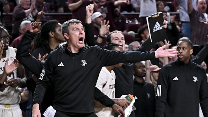 Feb 18, 2026; College Station, Texas, USA; Texas A&M Aggies head coach Bucky McMillan reacts during the second half against the Ole Miss Rebels at Reed Arena. Mandatory Credit: Maria Lysaker-Imagn Images 