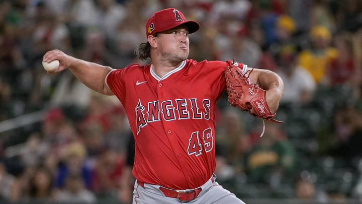 Aug 15, 2025; West Sacramento, California, USA; Los Angeles Angels pitcher Carson Fulmer (49) throws a pitch against the Athletics during the eighth inning at Sutter Health Park. Mandatory Credit: Ed Szczepanski-Imagn Images Aug 15, 2025; West Sacramento, California, USA; Los Angeles Angels pitcher Carson Fulmer (49) throws a pitch against the Athletics during the eighth inning at Sutter Health Park. Mandatory Credit: Ed Szczepanski-Imagn Images