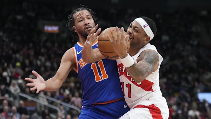 Feb 4, 2025; Toronto, Ontario, CAN; Toronto Raptors guard Bruce Brown (11) collides with New York Knicks guard Jalen Brunson (11) as he drives to the net during the second half at Scotiabank Arena. Mandatory Credit: John E. Sokolowski-Imagn Images Feb 4, 2025; Toronto, Ontario, CAN; Toronto Raptors guard Bruce Brown (11) collides with New York Knicks guard Jalen Brunson (11) as he drives to the net during the second half at Scotiabank Arena. Mandatory Credit: John E. Sokolowski-Imagn Images