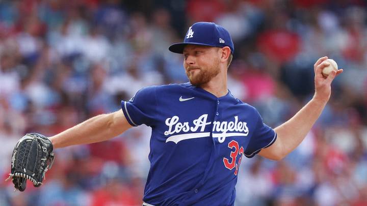 Jul 22, 2026; Philadelphia, Pennsylvania, USA; Los Angeles Dodgers pitcher Eric Lauer (33) throws a pitch against the Philadelphia Phillies during the first inning at Citizens Bank Park. Mandatory Credit: Bill Streicher-Imagn Images