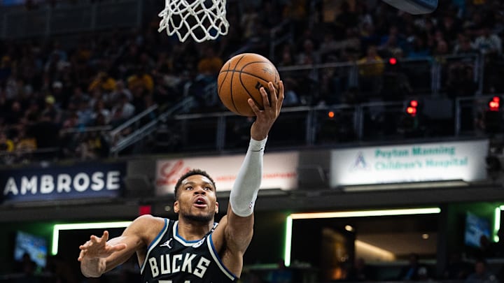 Apr 22, 2025; Indianapolis, Indiana, USA; Milwaukee Bucks forward Giannis Antetokounmpo (34) shoots the ball  during game two of first round for the 2024 NBA Playoffs against the Indiana Pacers at Gainbridge Fieldhouse. Mandatory Credit: Trevor Ruszkowski-Imagn Images
