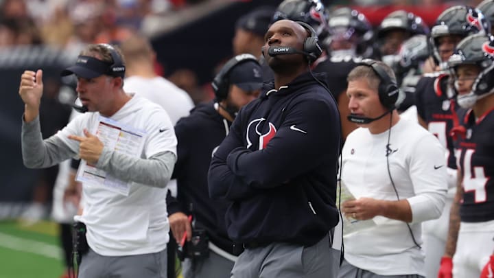 Nov 2, 2025; Houston, Texas, USA; Houston Texans head coach DeMeco Ryans during the first half against the Denver Broncos at NRG Stadium. Mandatory Credit: Thomas Shea-Imagn Images