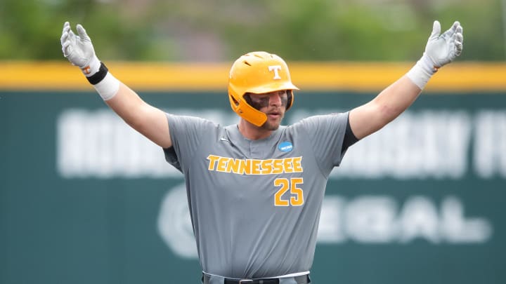 Tennessee's Blake Burke (25) tries to pump up the fans during game two of the NCAA baseball tournament Knoxville Super Regional between Tennessee and Evansville held at Lindsey Nelson Stadium on Saturday, June 8, 2024.