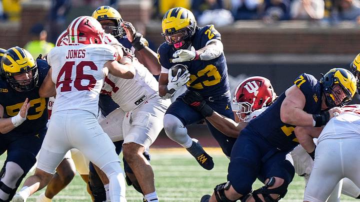 Michigan running back Jordan Marshall (23) runs for a first down against Indiana during the second half at Michigan Stadium in Ann Arbor on Saturday, Oct. 24, 2026. Michigan running back Jordan Marshall (23) runs for a first down against Indiana during the second half at Michigan Stadium in Ann Arbor on Saturday, Oct. 24, 2026.