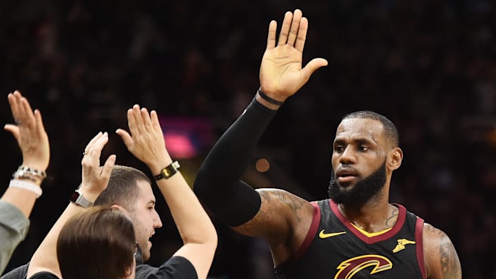 Nov 24, 2017; Cleveland, OH, USA; Cleveland Cavaliers forward LeBron James (23) celebrates with fans after the Cavs beat the Charlotte Hornets at Quicken Loans Arena. Mandatory Credit: Ken Blaze-Imagn Images