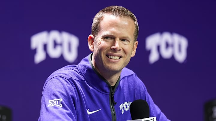 Oct 22, 2024; Kansas City, MO, USA; TCU Horned Frogs head coach Mark Campbell talks to media during Big 12 Women’s Basketball Media Day at T-Mobile Center. Mandatory Credit: Jay Biggerstaff-Imagn Images Oct 22, 2024; Kansas City, MO, USA; TCU Horned Frogs head coach Mark Campbell talks to media during Big 12 Women’s Basketball Media Day at T-Mobile Center. Mandatory Credit: Jay Biggerstaff-Imagn Images