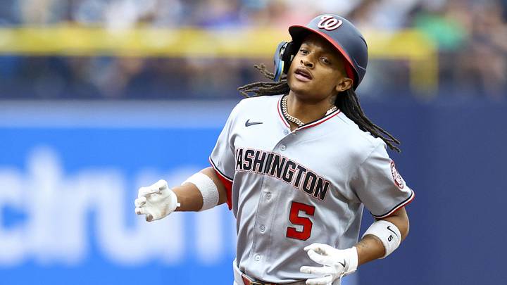 Jun 20, 2026; St. Petersburg, Florida, USA; Washington Nationals shortstop CJ Abrams (5) runs the bases after hitting a home run against the Tampa Bay Rays in the second inning at Tropicana Field. Mandatory Credit: Nathan Ray Seebeck-Imagn Images