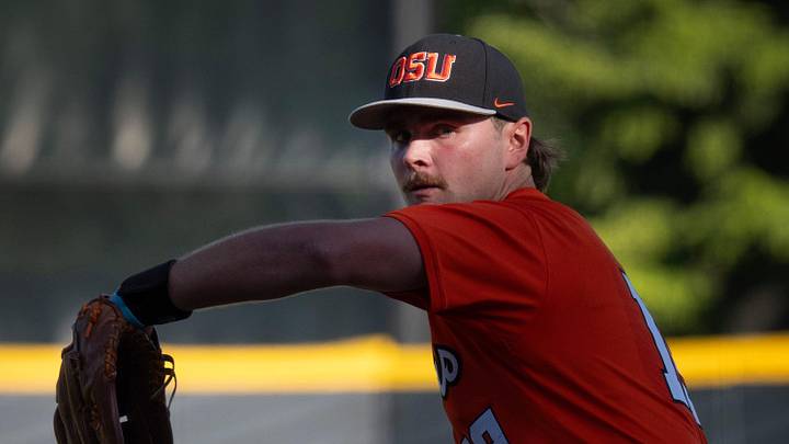 Oregon State’s Wyatt Queen pitches against Oregon during the first inning on day three at the NCAA Eugene Regional Tournament at PK Park in Eugene May 31, 2026.