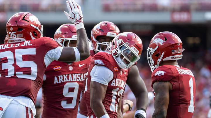 Arkansas Razorbacks defense celebrates after Carter Stoutmire's tackle for loss against North Alabama on Saturday, Sept. 5, 2026. Arkansas Razorbacks defense celebrates after Carter Stoutmire's tackle for loss against North Alabama on Saturday, Sept. 5, 2026.