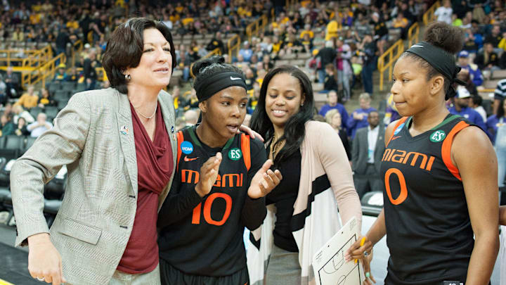 Mar 20, 2015; Iowa City, IA, USA; Miami (FL) Hurricanes head coach Katie Meier (L), guard Michelle
