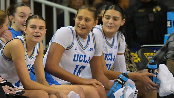Dec 20, 2025; Los Angeles, California, USA; UCLA Bruins guard Gabriela Jaquez (11), forward Sienna Betts (16) and center Lauren Betts (51) look on from the bench during the second half against Long Beach State Beach at Pauley Pavilion presented by Wescom Financial. Mandatory Credit: Jayne Kamin-Oncea-Imagn Images Dec 20, 2025; Los Angeles, California, USA; UCLA Bruins guard Gabriela Jaquez (11), forward Sienna Betts (16) and center Lauren Betts (51) look on from the bench during the second half against Long Beach State Beach at Pauley Pavilion presented by Wescom Financial. Mandatory Credit: Jayne Kamin-Oncea-Imagn Images