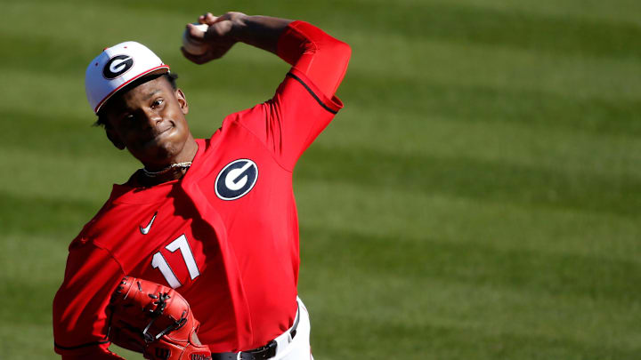 Georgia's Jaden Woods (17) throws a pitch during an NCAA baseball doubleheader between Evansville and Georgia in Athens, Ga., on Saturday, Feb. 20, 2021. Georgia won both games. [Photo/Joshua L. Jones, Athens Banner-Herald]

News Joshua L Jones