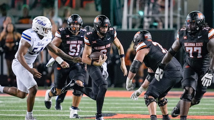 Oklahoma State quarterback Zane Flores (6) runs the ball in the third quarter during an NCAA football game between Oklahoma State (OSU) and Tulsa at Boone Pickens Stadium in Stillwater, Okla., on Friday, Sept. 19, 2025. Oklahoma State quarterback Zane Flores (6) runs the ball in the third quarter during an NCAA football game between Oklahoma State (OSU) and Tulsa at Boone Pickens Stadium in Stillwater, Okla., on Friday, Sept. 19, 2025.