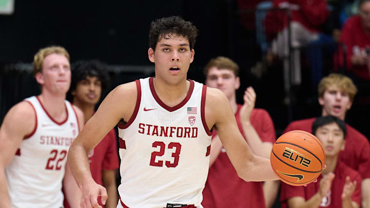 Dec 3, 2023; Stanford, California, USA; Stanford Cardinal forward Brandon Angel (23) dribbles the